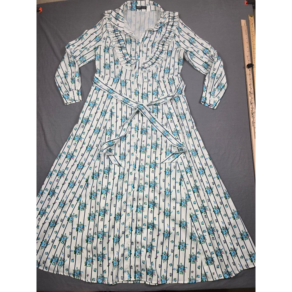 Shein Floral & Stripe Long Sleeve Belted Maxi Dress Size L Cottage Core Prairie
